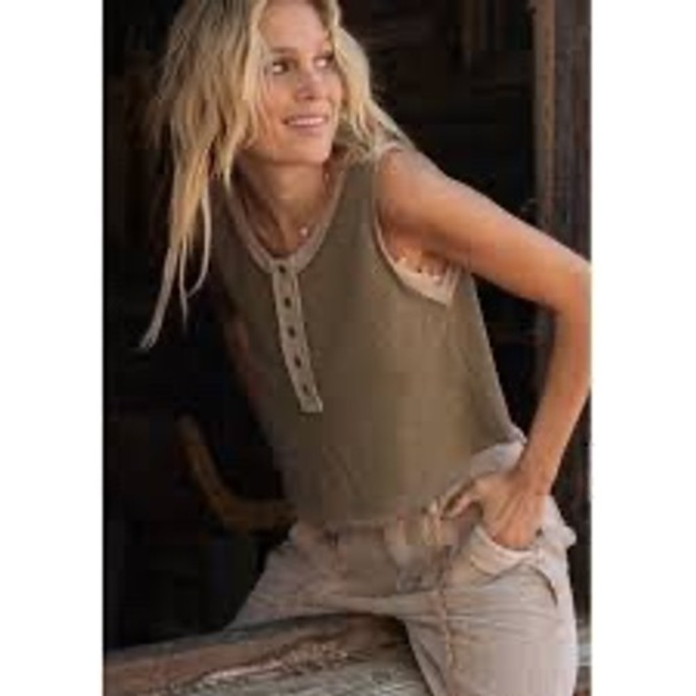 POL Henley Tank Top Womens Large Green Excellent Waffle Knit SMT1648 trendy